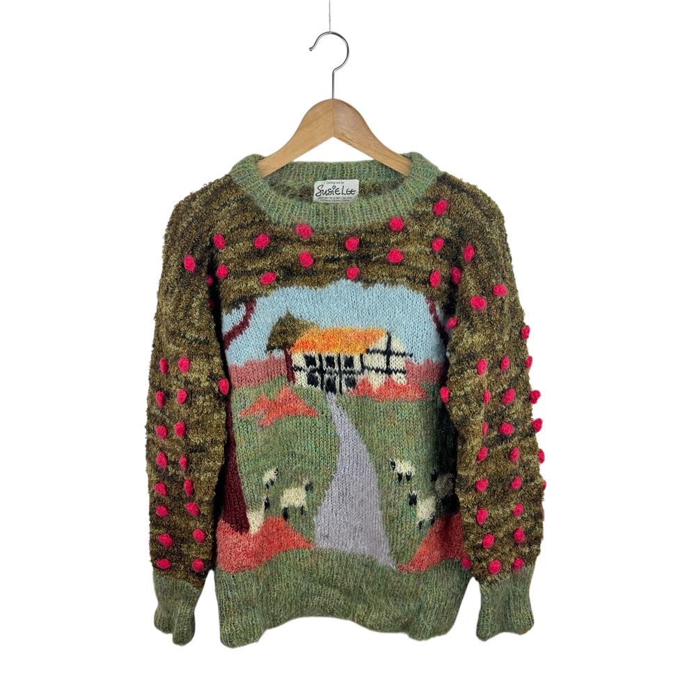 VTG Susie Lee Country Scene Mohair Sweater Hand Knit Cottagecore Fairy Tale